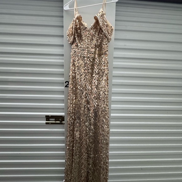 Cachet Champagne Sequin Evening Gown Size 6 | Off Shoulder Formal Dress - Picture 6 of 8